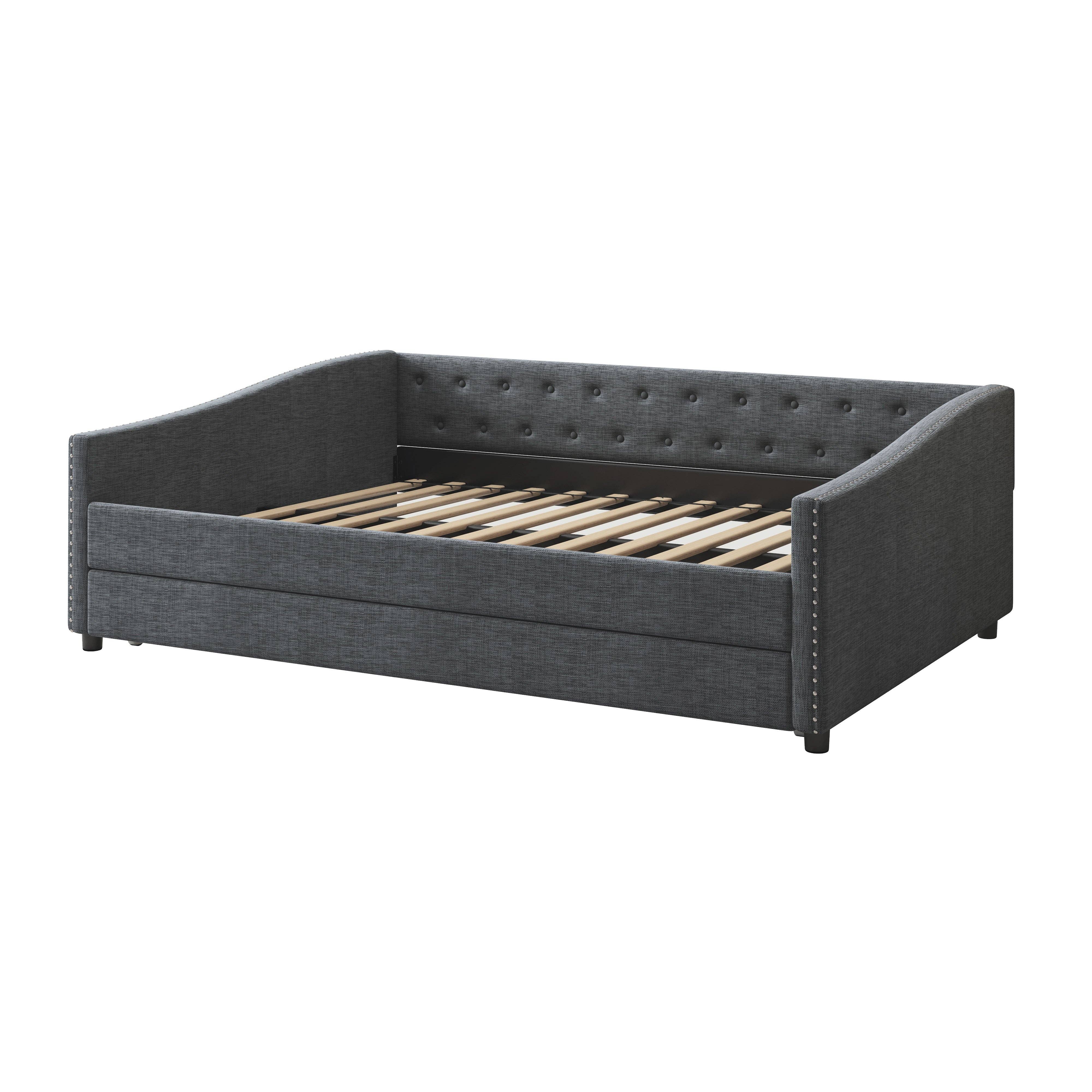 Orange County Decor - Wholesale Sofa - Full Size Daybed With Twin Size Trundle Upholstered Tufted Sofa Bed, With Button On Back And Copper Nail On Waved Shape Arms Dark Grey Full Dark Grey Wood Fabric4