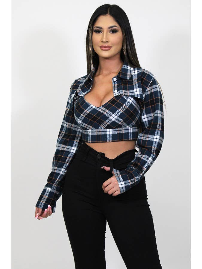 Junie - Vente Ensemble de hauts – femme - DÉBARDEUR À CARREAUX AVEC CHEMISE COURTE À MANCHES LONGUES JST2068