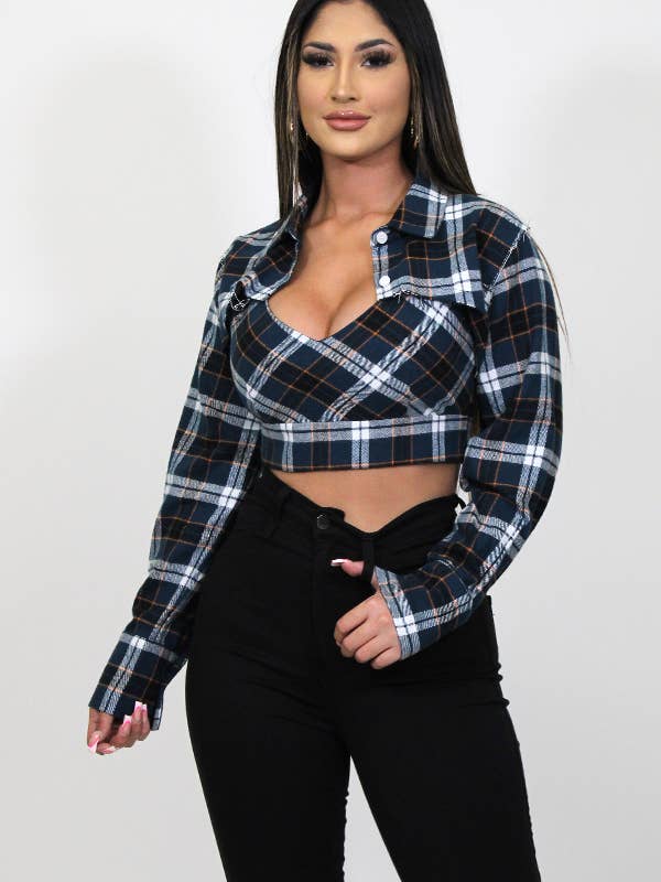 CHECKER TANK TOP WITH LONG SLEEVE CROP SHIRT SET JST2068 for wholesale by Junie