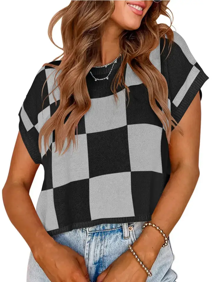 Lovesoft - Wholesale Sweater Vest - Women's - Plaid Colorblocked Skeleton Knit Vest5