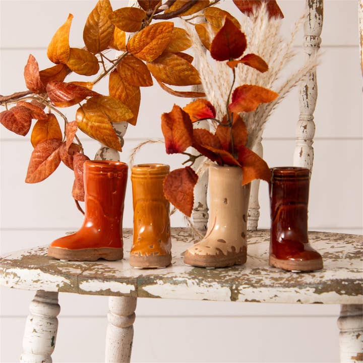 Mini Ceramic Boot Vases, Earthy Tones (Pk/04 Ast) for wholesale by Audrey's Home & Gift