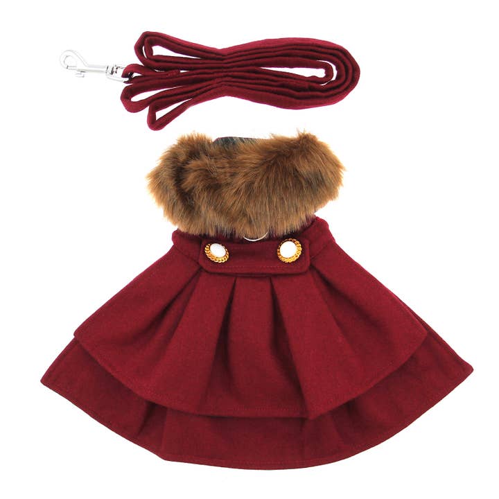 Doggie Design - Wholesale Pet Coat - Dog - Wool Fur-Trimmed Dog Harness Coat - Burgundy