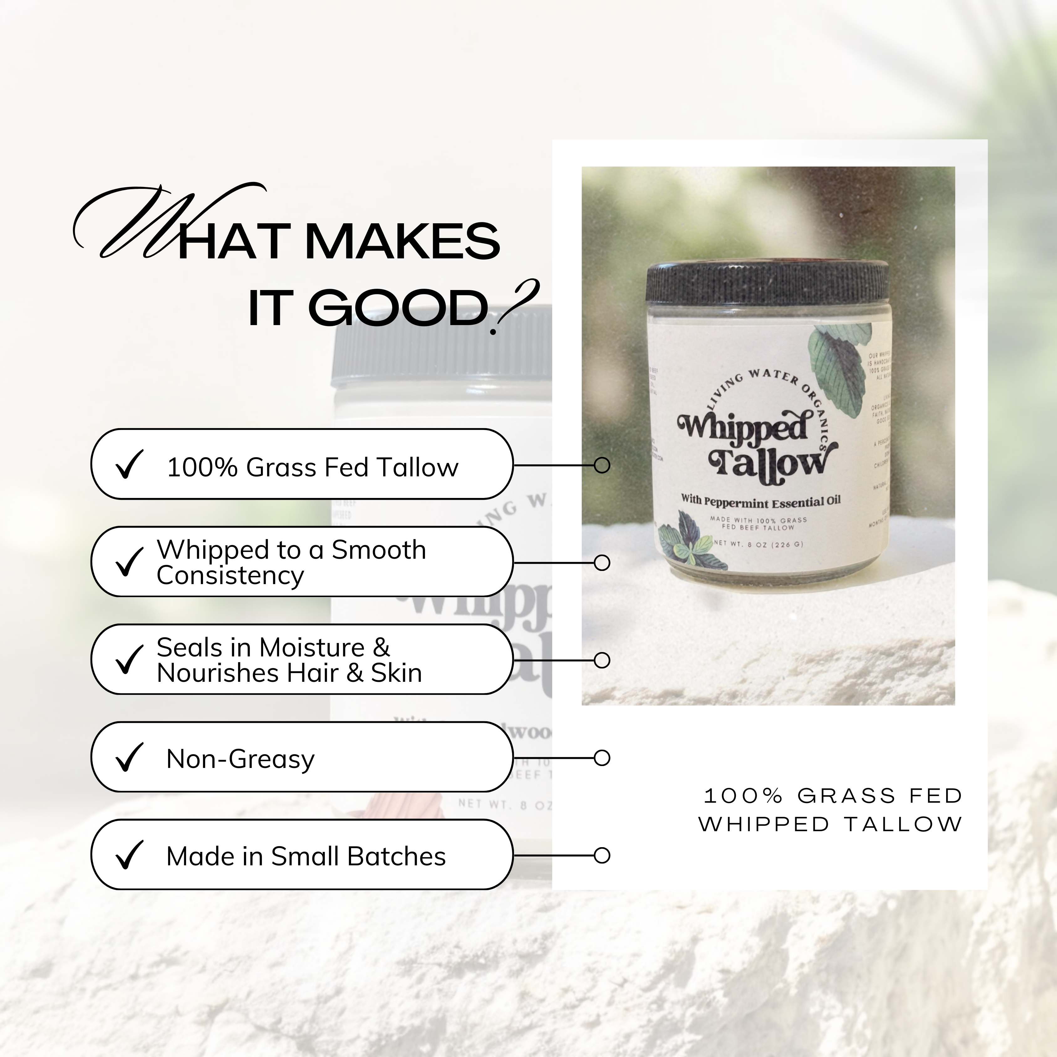 Living Water Organics – Großhandel Körperbutter/-balsam – 100 % Grasgefüttertes aufgeschlagenes Talg für Gesicht, Haare und Haut, natürlicher Talg3