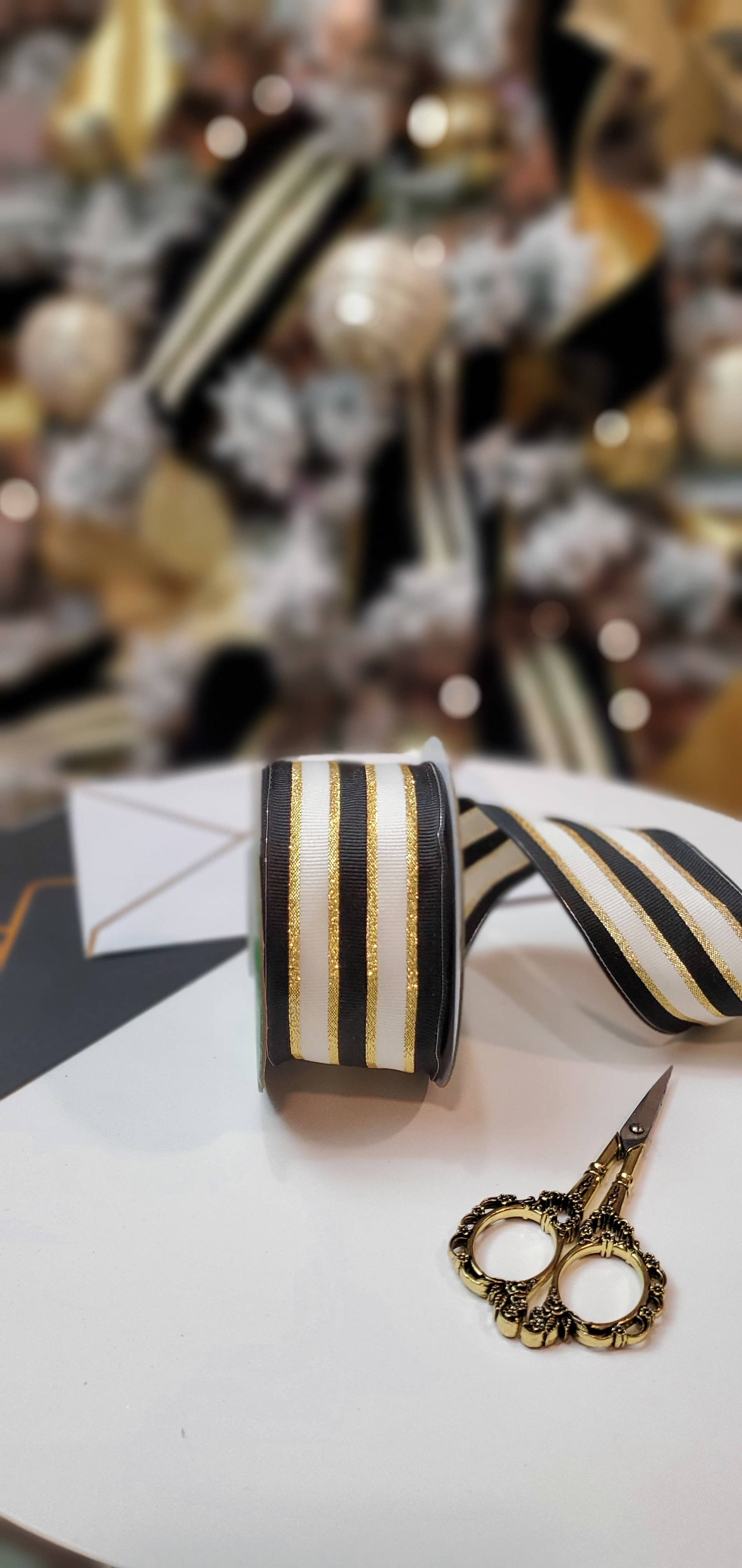 May Arts Ribbon - Wholesale Ribbon - Gift Wrapping - ~2" Black Woven Metallic Gold Stripe Wired Ribbon2