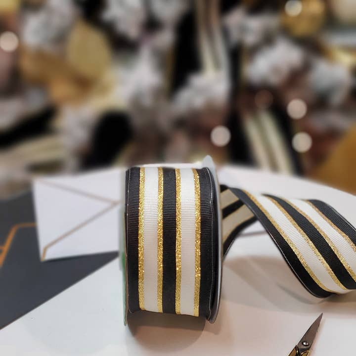 May Arts Ribbon - Wholesale Ribbon - Gift Wrapping - ~2" Black Woven Metallic Gold Stripe Wired Ribbon2