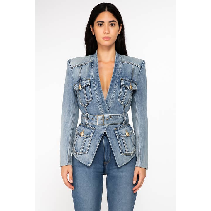 JK164L Slim Belted Washed Denim Blazer for Early Autumn for wholesale by Productseeker