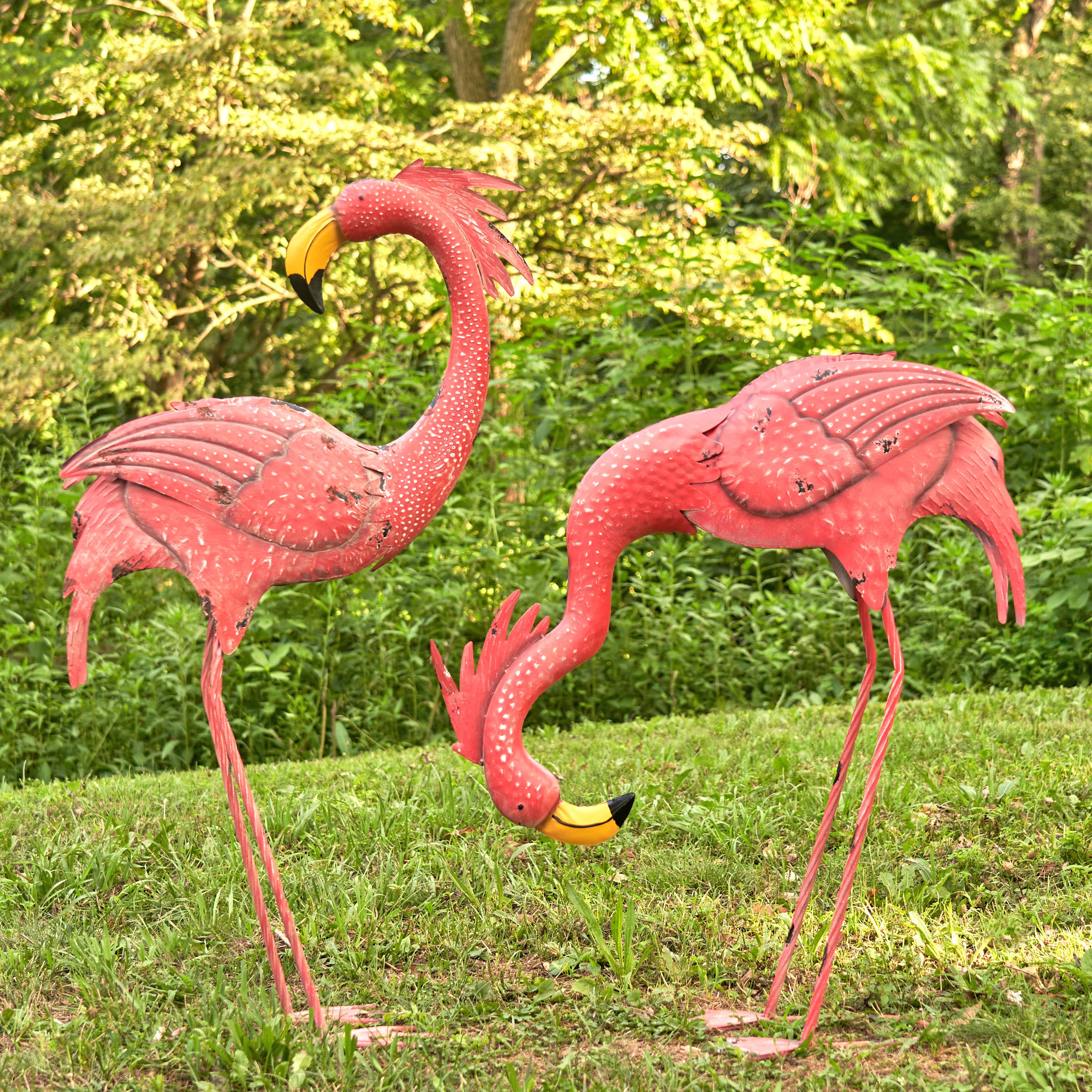Zaer Ltd. International - Wholesale Outdoor Ornament/Decor - 40.25" Tall Bright Pink Iron Flamingos- 4PC/Set6