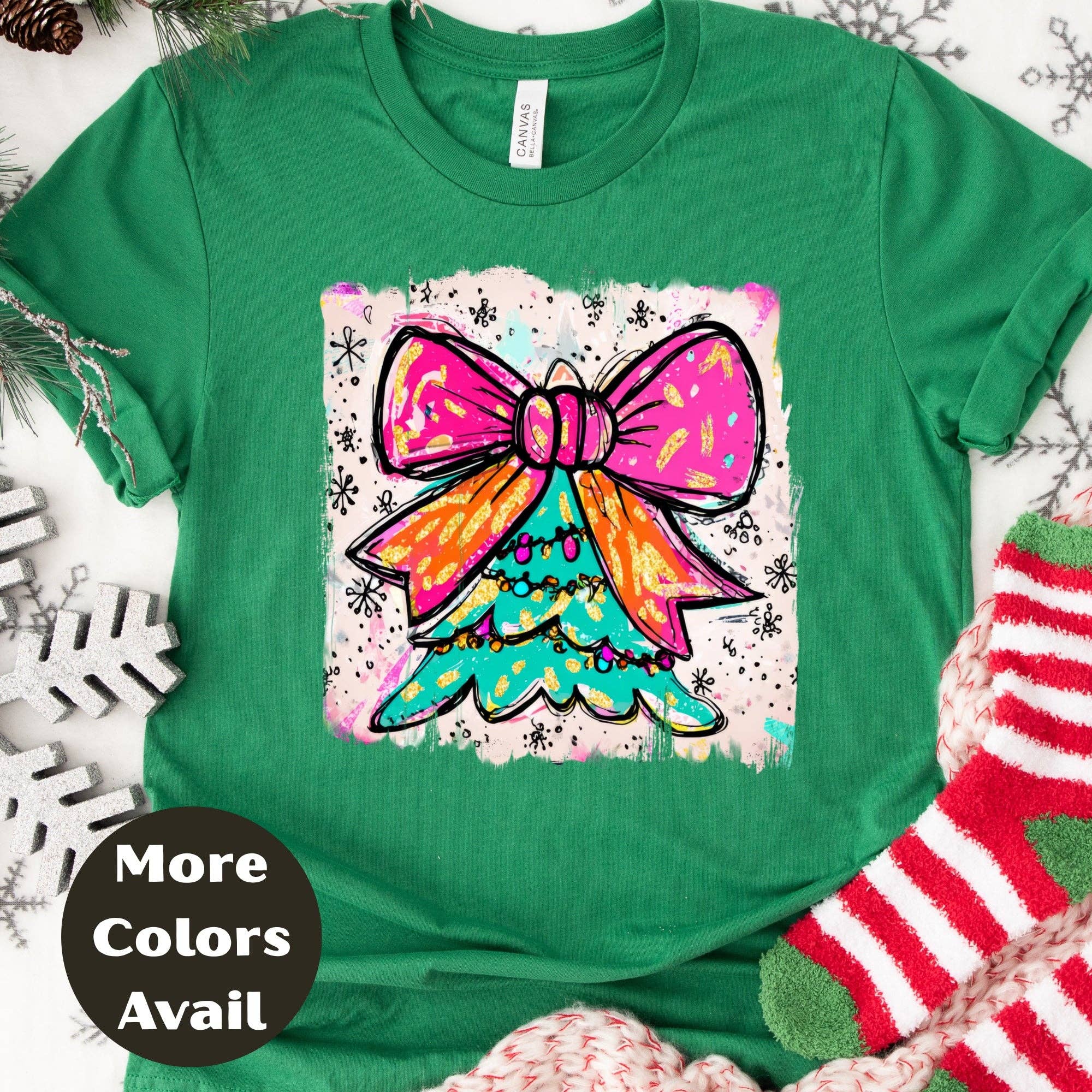 Epic Life  - Designed – wholesale Screen printed t-shirt – Women′s – Bright Bow Christmas Tree Shirt – Neon Holiday Tee S-4XL – Colorful Festive Christmas Top – Funky Tree Shirt – Multiple Colors8