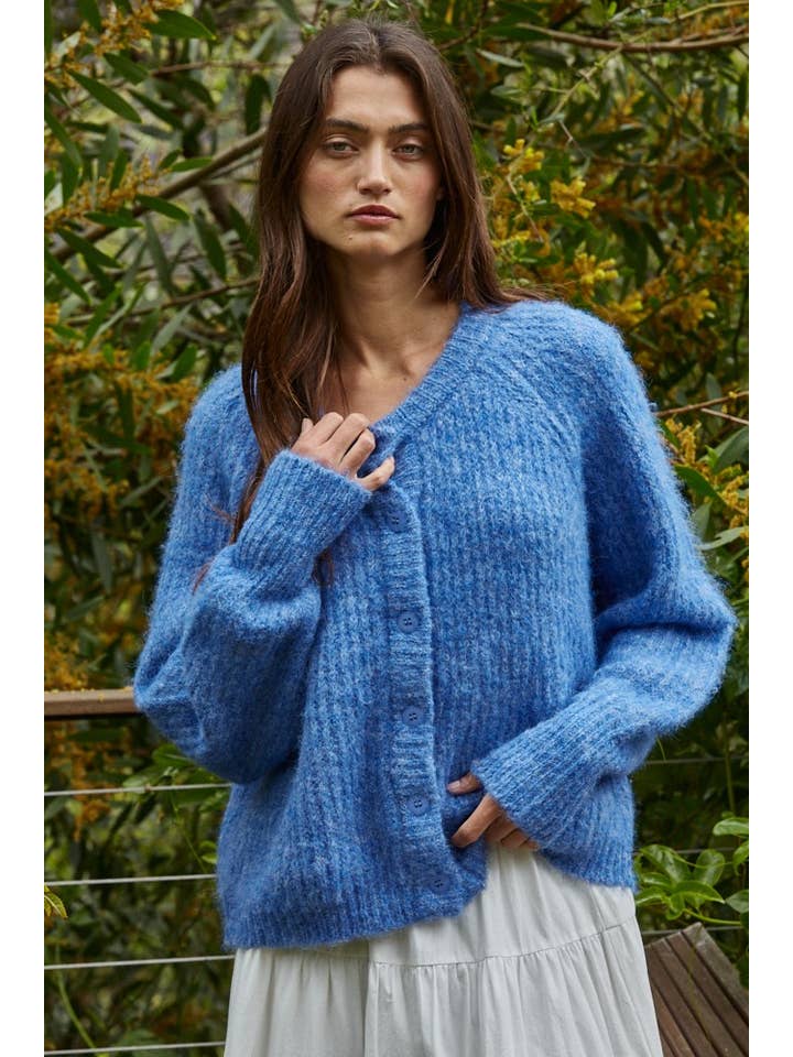 Cobalt Blue W2294 | Knit Polyester Nylon Sweater Crew Neck Cardigan for wholesale on Faire