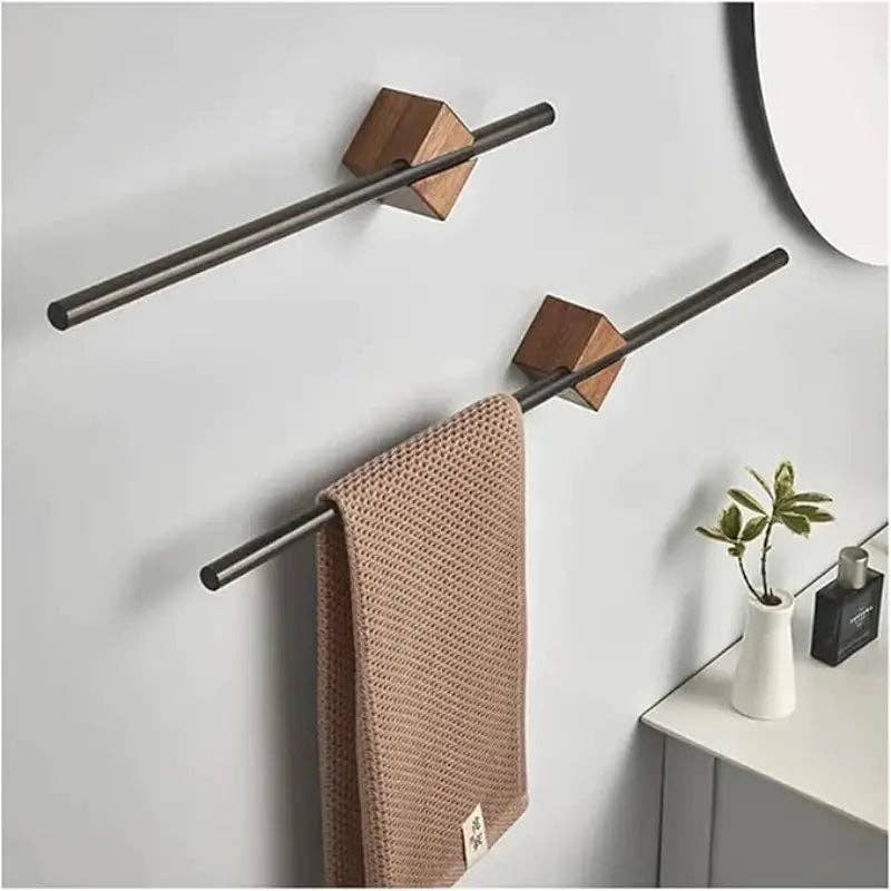 Huis Van Merken - Wholesale Towel Holder/Hanger - Stylish Adjustable Stainless Steel Towel Bar with Natural Wood Finish1
