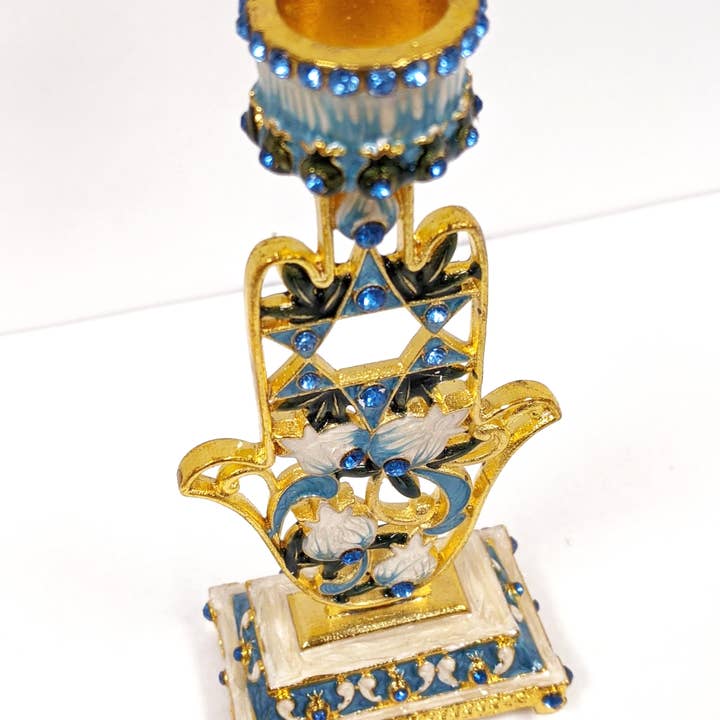 Collection by Nouvelle - Wholesale Candle Holder - Shabbat Pair of 2 Blue Floral Hamsa Hand Candle Holder1