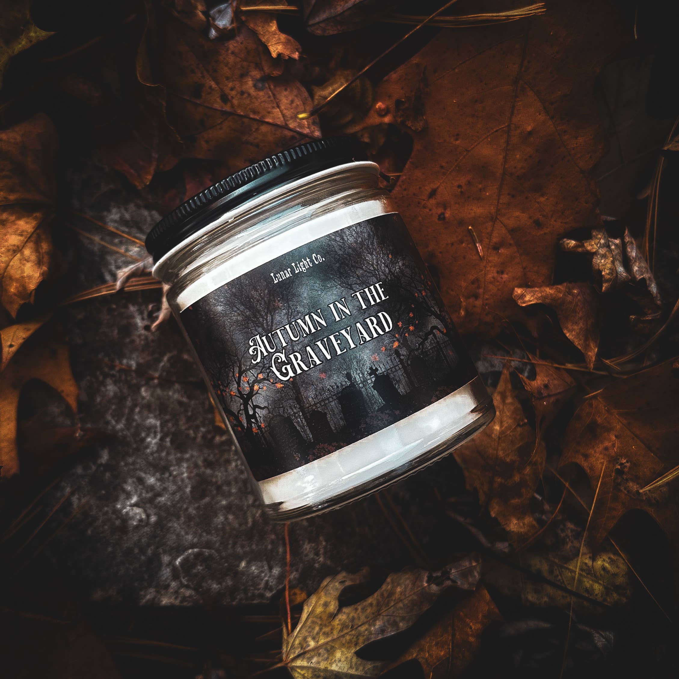 Lunar Light Co. - Wholesale Jar/Filled Candle - Autumn in the Graveyard Gothic Scented Candle Cemetery Dirt1