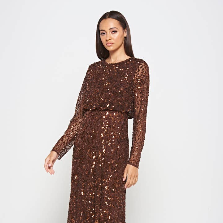 Allegro Coffee Sequin Maxi Dress for wholesale by Frock & Frill