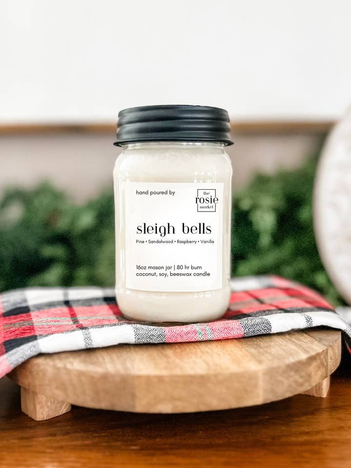 Sleigh Bells 16oz Mason Jar Candle for wholesale by The Rosie Market