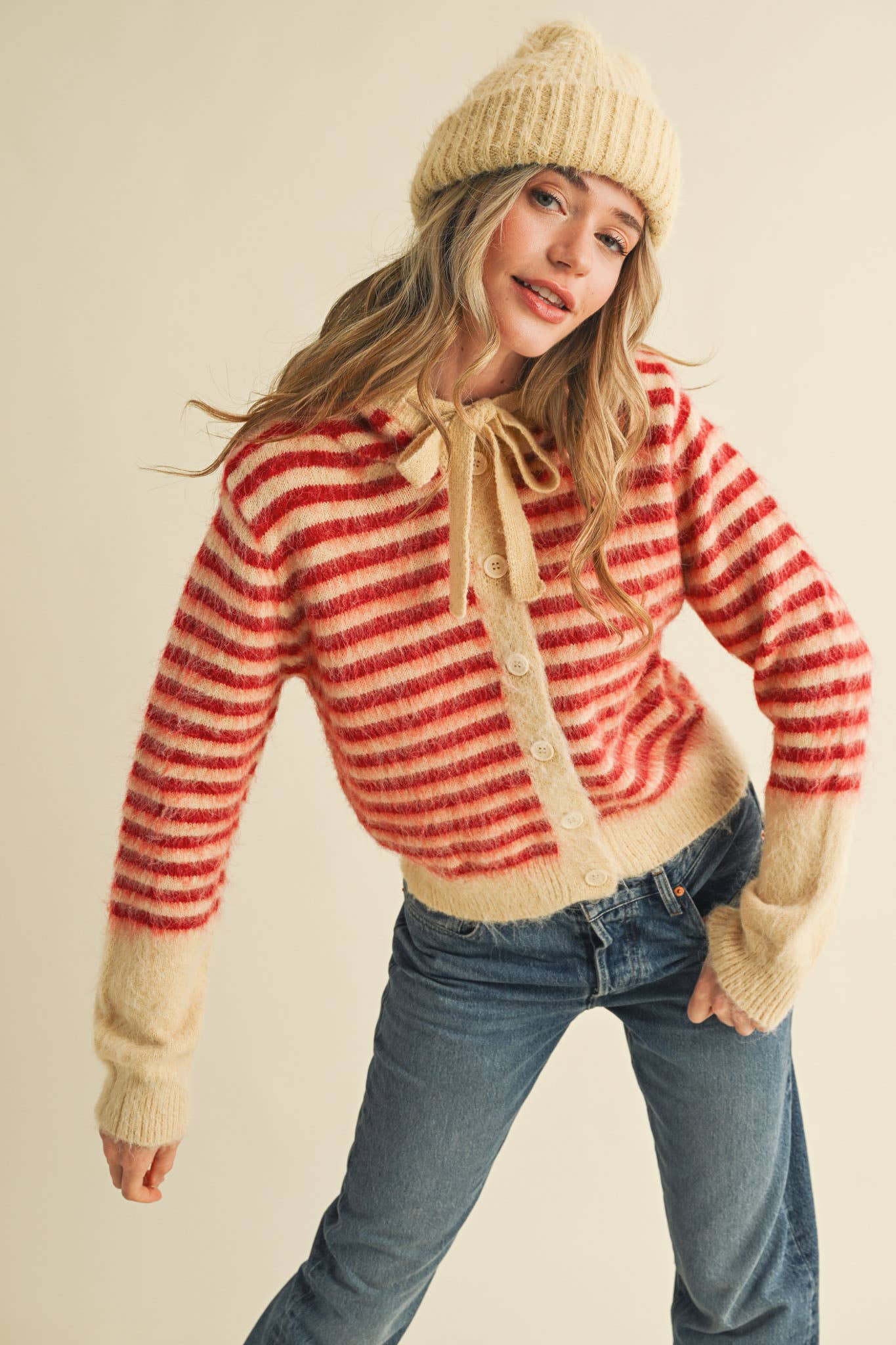 &MERCI - Wholesale Cardigan - Women's - STRIPED HOODIE SWEATER CARDIGAN MSW1106332
