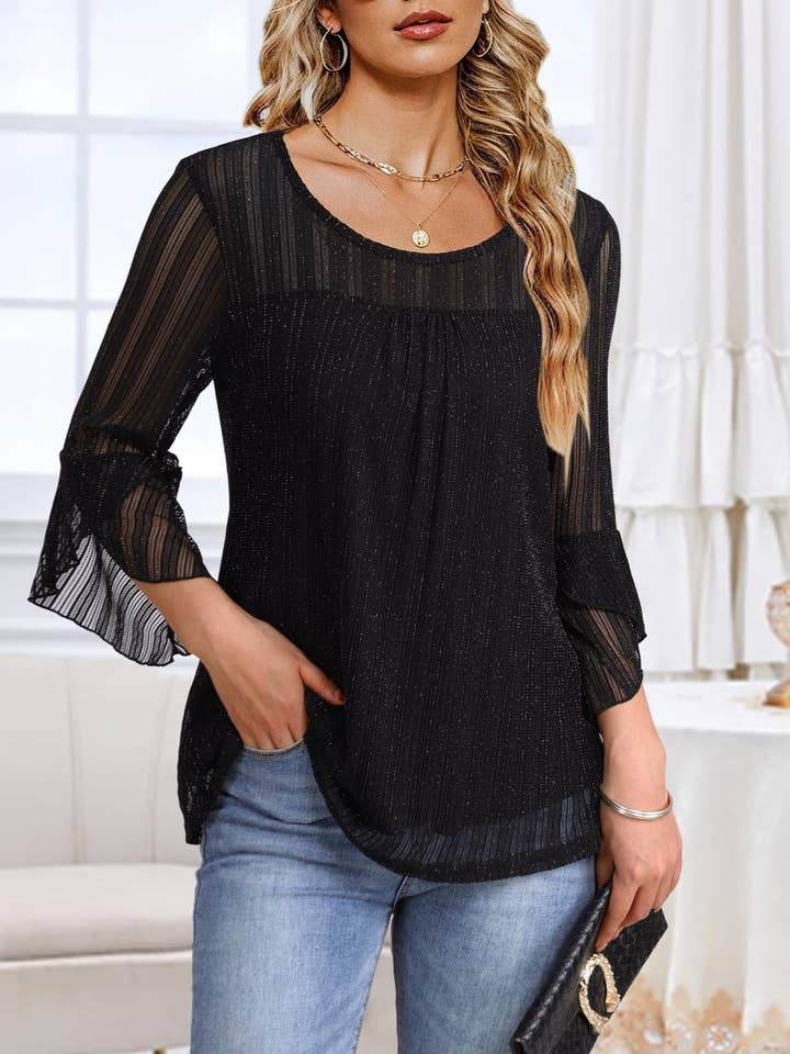 Elegant Ruffled Sleeve Sparkling Mesh Top for wholesale by HIDDENBRAND