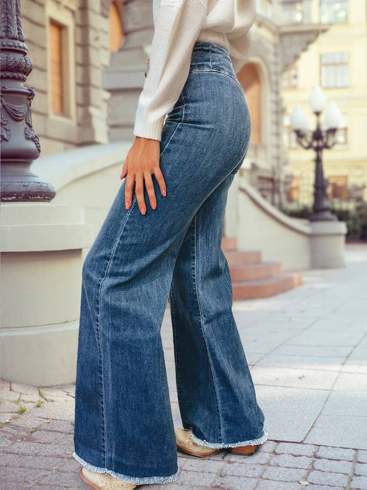 Sail Blue High Waist Button Fly Seamed Raw Hem Flare Jeans for wholesale on Faire