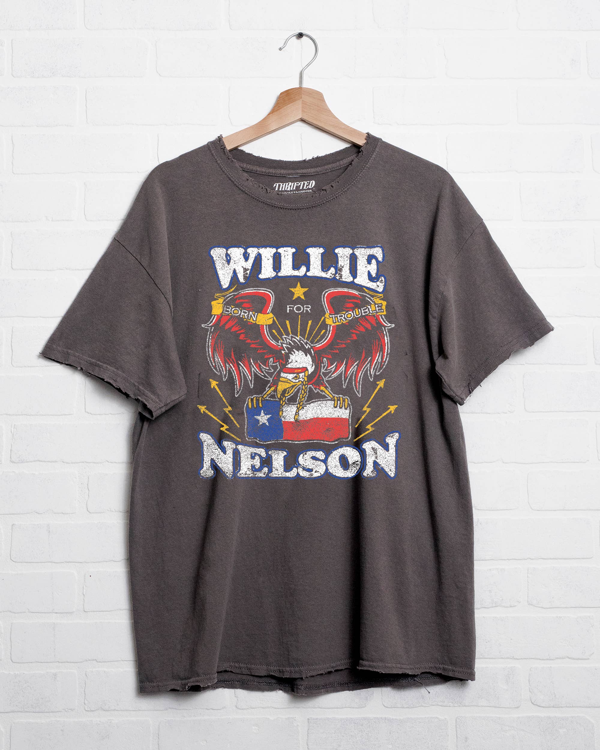 LivyLu - Wholesale Screen Printed T-Shirt - Unisex - Willie Nelson Born For Trouble Dark Gray Thrifted Tee0