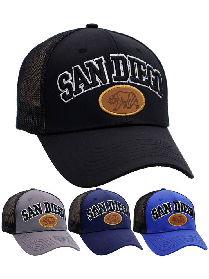 San Diego Arc Logo Mesh Snap Back Trucker Hat for wholesale by Cap Zone