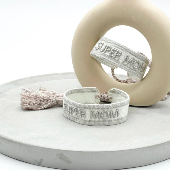 SUPER MOM statement bracelet woven, embroidered for wholesale by Parsley & Pepper