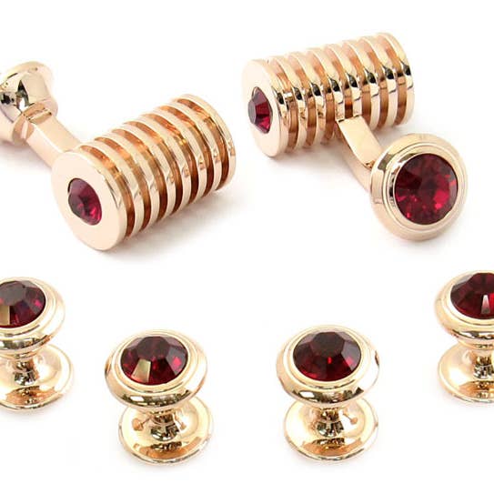 Rose Gold Ruby Red Swarovski Barrel Cufflinks and Studs for wholesale by Cuff-Daddy