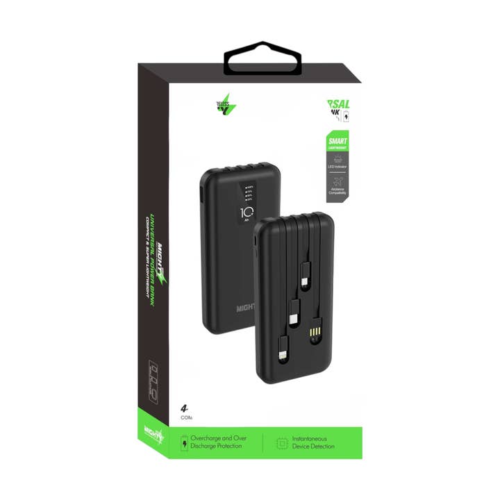 Mighty 10,000mAh Power Bank with 4 Cables Black MW602 for wholesale by Mighty Wireless