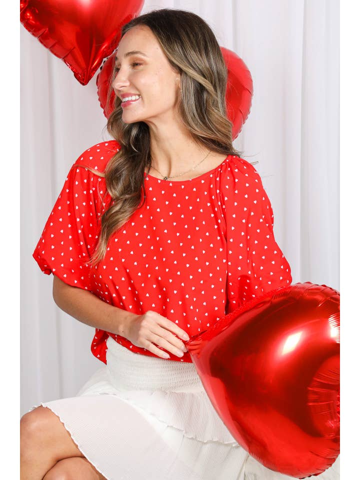 Rood Boothals Pofmouw Hartjesprint Blouse Top VT82337H voor groothandel op Faire