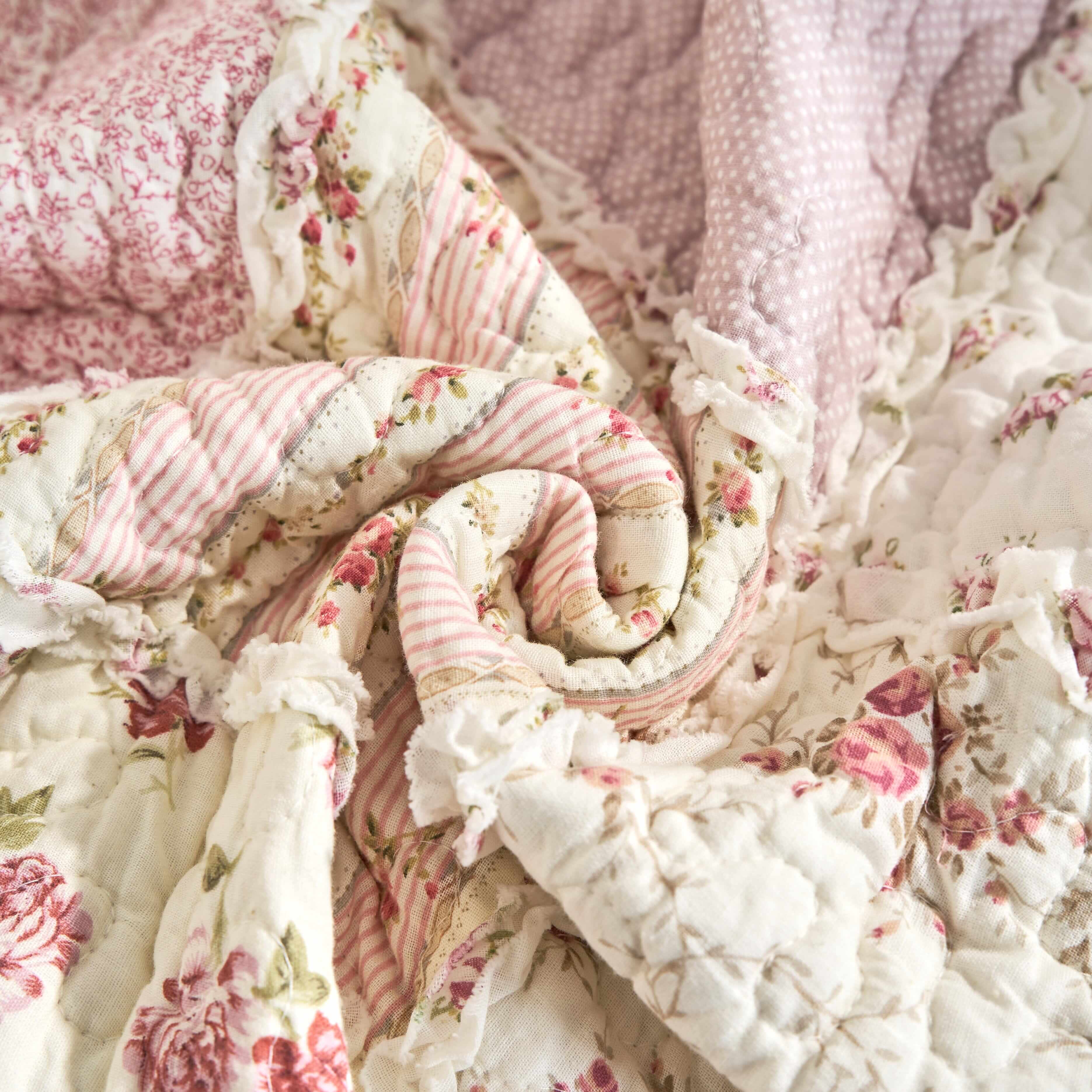 DaDalogy Bedding - Wholesale Throw Blanket - DaDalogy Cotton Patchwork Throw Blanket - Floral Cottage Quilted Reversible Blush Pink & Cream Shabby Chic Botanical Ruffle Design - Vintage Garden Rose Pastel Accents (3031)- 50 x 6010