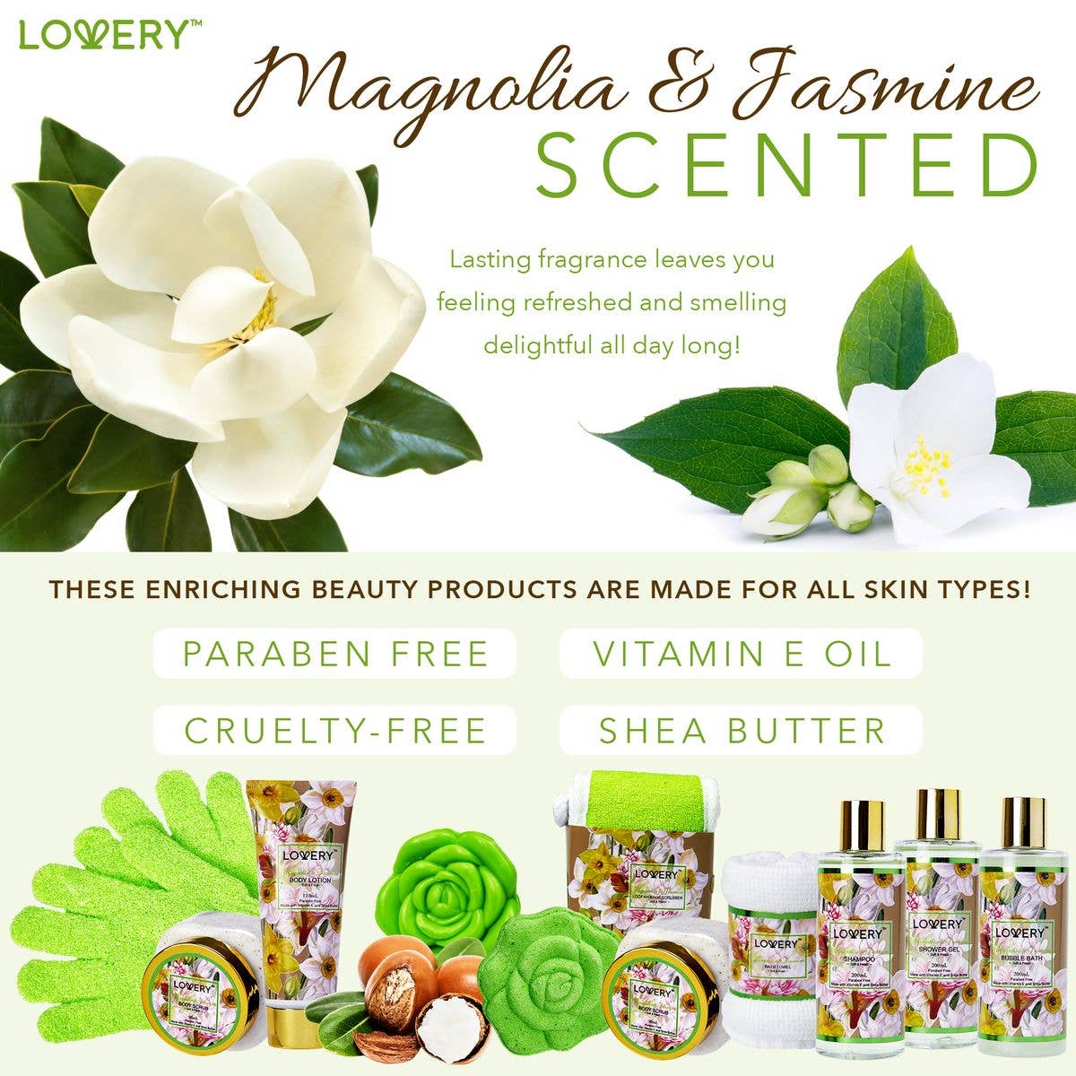 Lovery – wholesale Bath & body set – Home Spa Gift Baskets - Magnolia & Jasmine - 13pc Bath set1