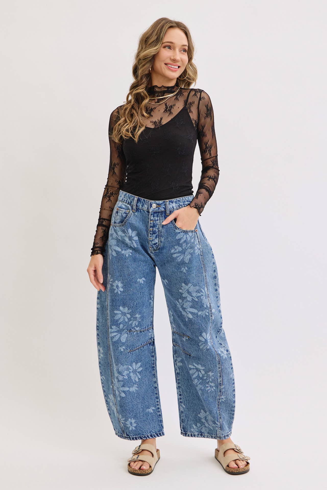FLORAL PRINT DENIM BARREL JEANS for wholesale on Faire22