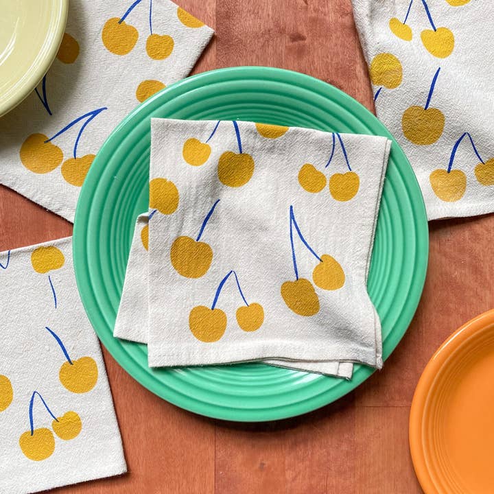 Yellow Cherries Hand Printed Cotton Napkins, Set of 4 for wholesale by Bright Beige