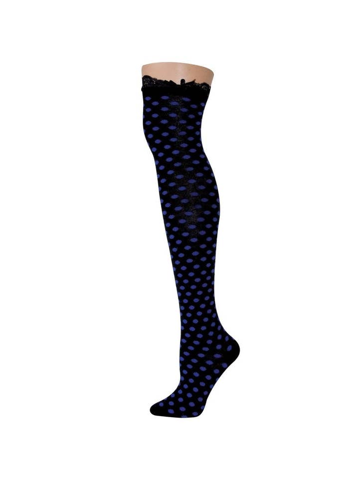 Black Swiss Dots Over The Knee Length Socks for wholesale on Faire