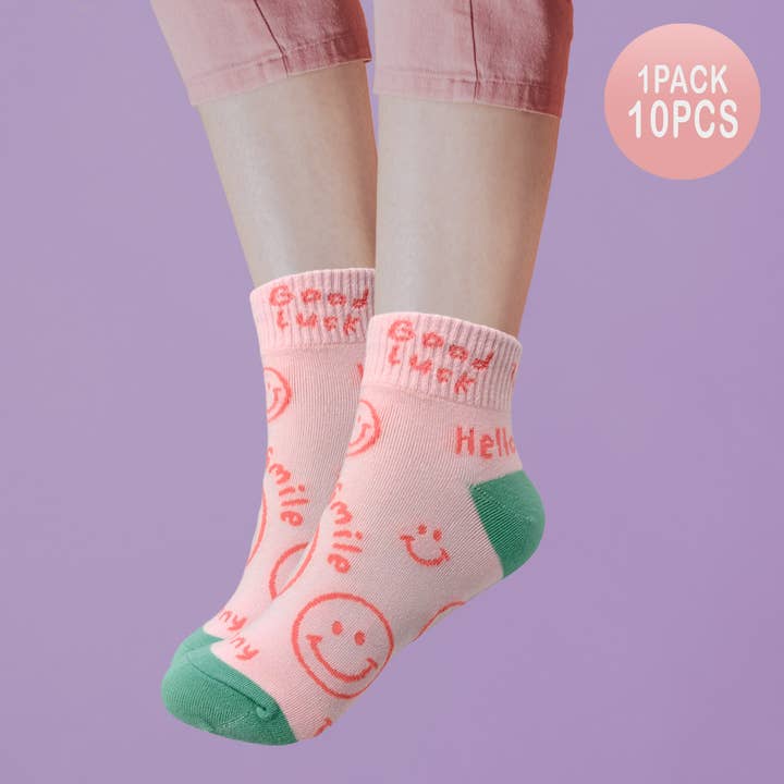 Sensibling Corp. - Wholesale Socks - Women's - 10Pairs - Smile Hello Good Luck Message Patterned Socks