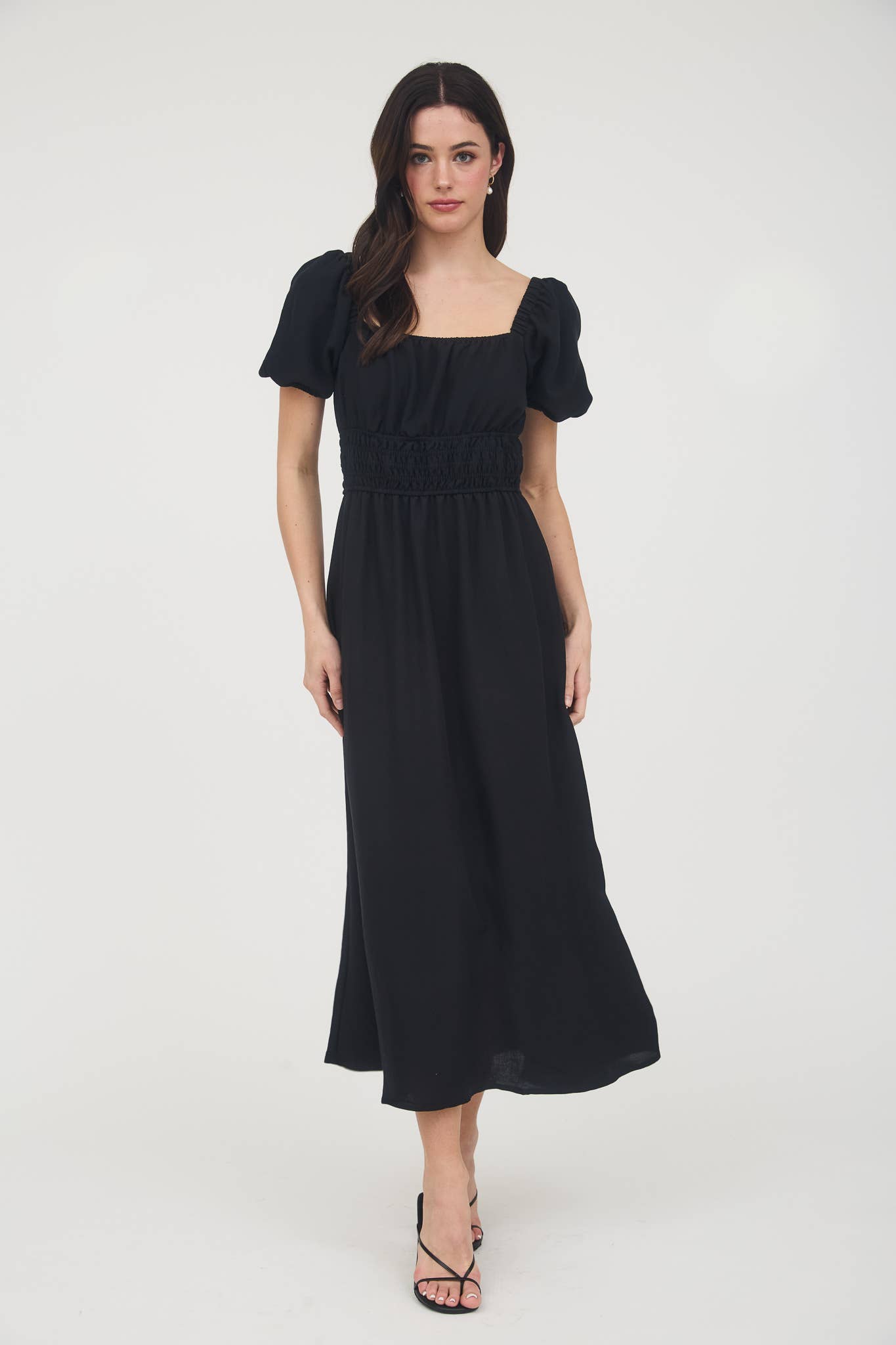 MINE – wholesale Dress – Women's – SOLID SMOCKED WAIST BALLOON SLEEVE MIDI DRESS6