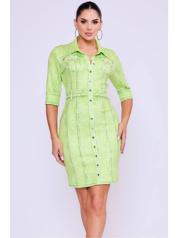 Her Bottari - Wholesale Dress - Women's - BD3696_Denim effect button down short sleeve mini dress8