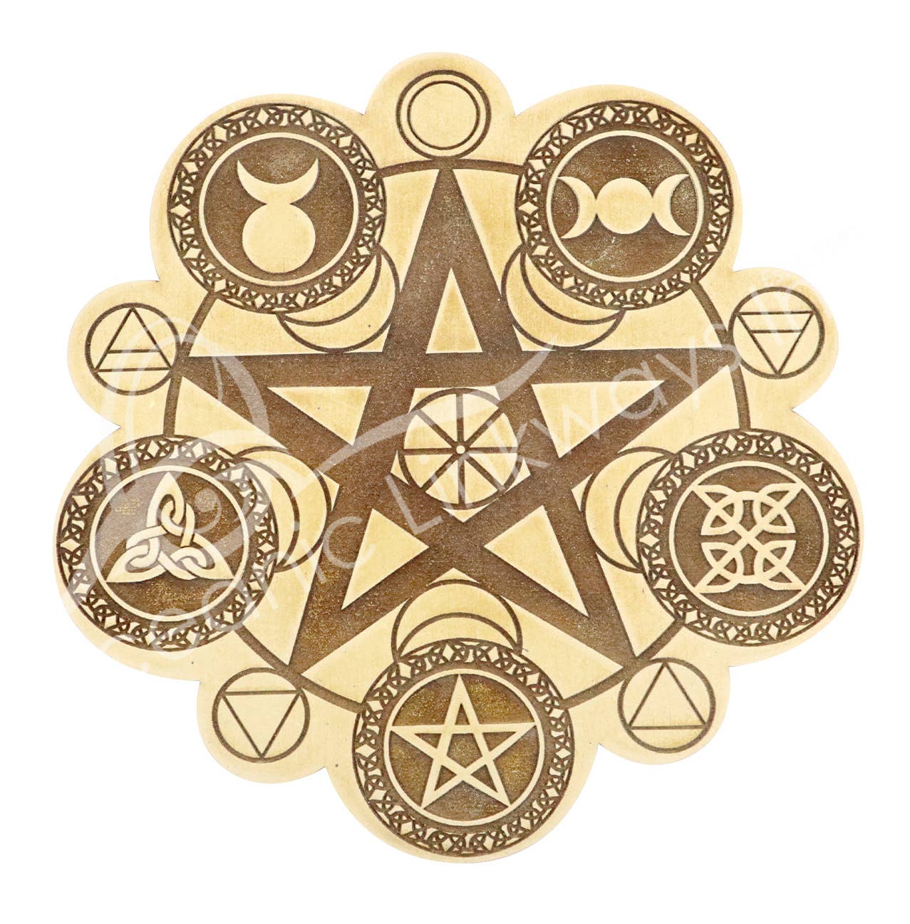 Oceanic Linkways Inc - Vente Pierre et cristal de spiritualité - (PC)GRILLE DE CRISTAUX - PLAQUE EN BOIS PAÏENNE 8"DIAM.0