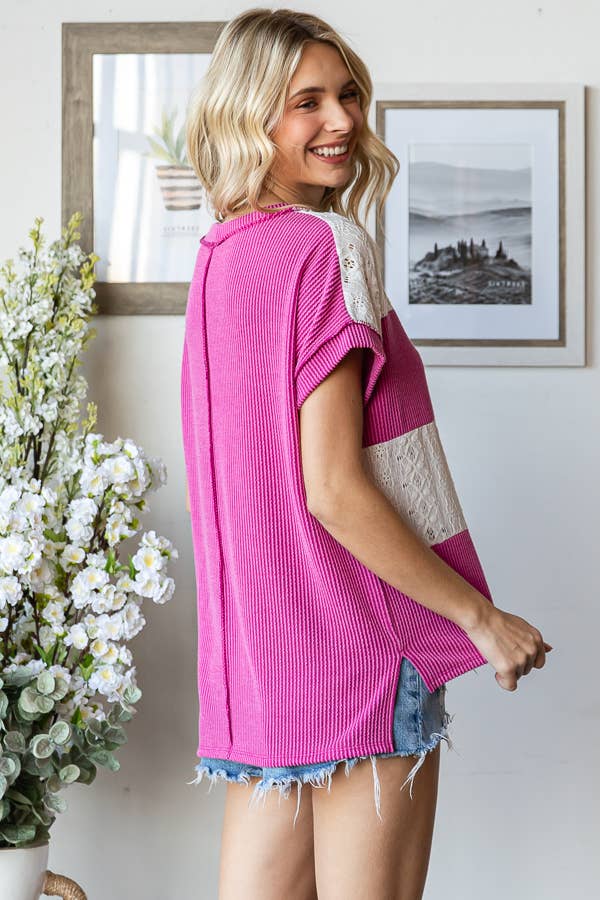 7th Ray - Vente Haut en maille – femme - Haut à manches courtes avec contraste en dentelle côtelée T586316