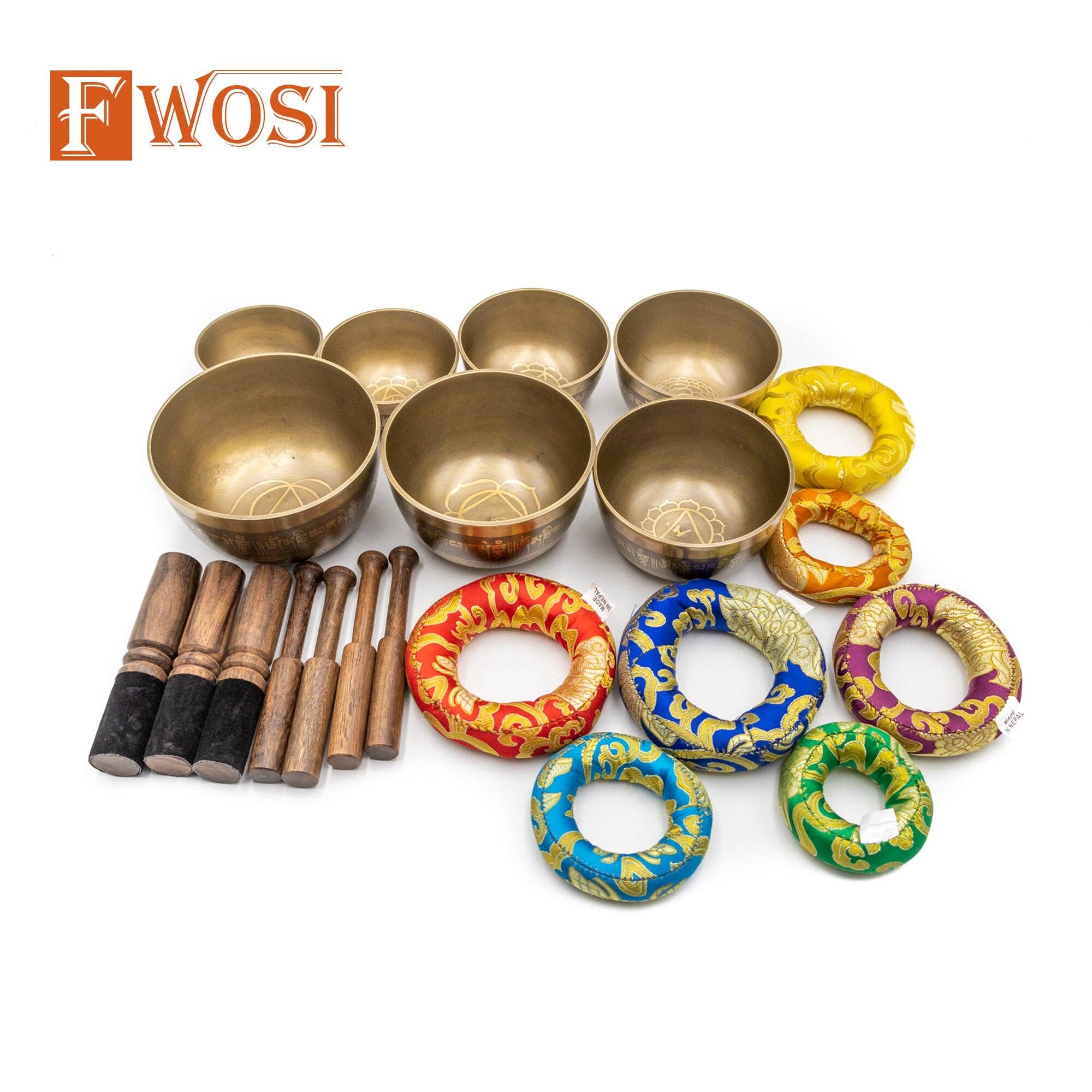 Fwosi - Wholesale Meditation Supplies - 7 Tibetan Singing Bowl Meditation Set with Carry Case, Mallet, Striker, Cushion | Antique Instruments for Yoga, Chakra Healing1