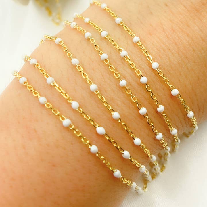 V203WTGP. Gold Plated Sterling Silver Enamel White Color Cable Chain for wholesale by Jewels & Chains