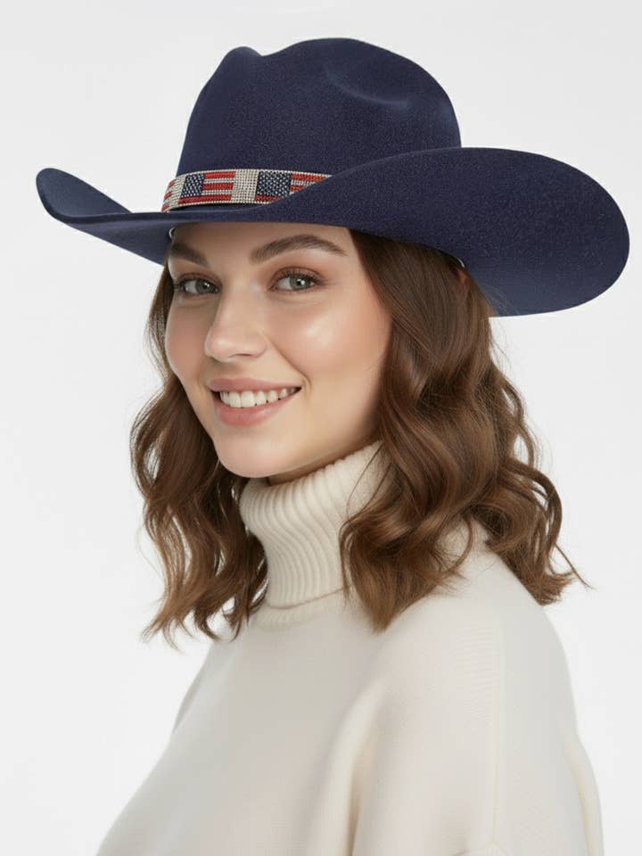 Chapéu de Cowboy de Feltro com Faixa de Strass e Bandeira dos EUA C.C por atacado de Hana
