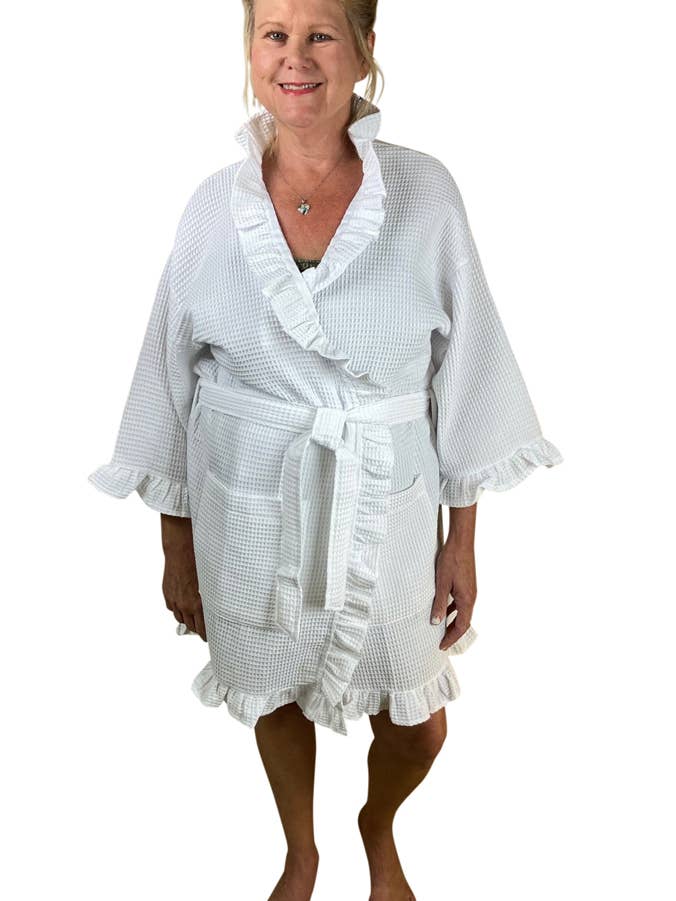 Kimono Cotton Waffle Ruffle Robe, 36" for wholesale by Alan Pendergrass Robes