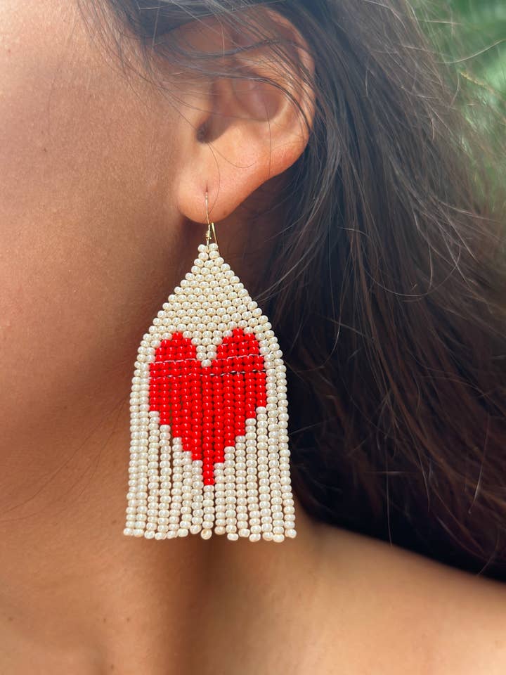 Cream red Heartfelt beaded earrings small dainty for wholesale by Con Cariño Design