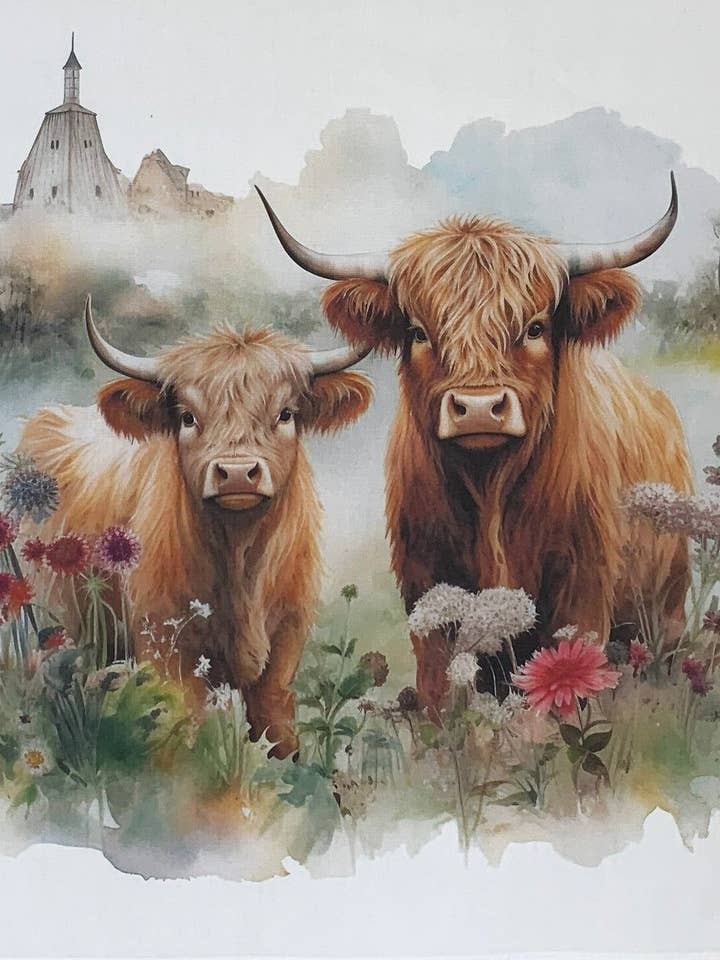 Pair of Highland Cows Large Cotton Tea Towel for wholesale by Half a Donkey