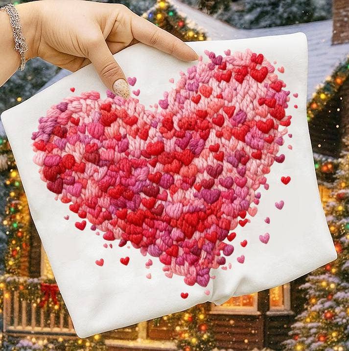 DLT Ecommerce - Wholesale T-Shirt (Graphic) - Women's - Faux Yarn Crochet Pink Heart Valentines Tee, Love Sweatshirt1