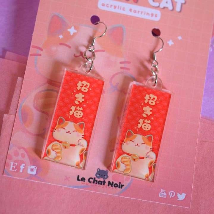 Nekojima Studios - Wholesale Hangende/ronde oorbellen - Kawaii oorbellen van acryl Bob the Lucky Cat