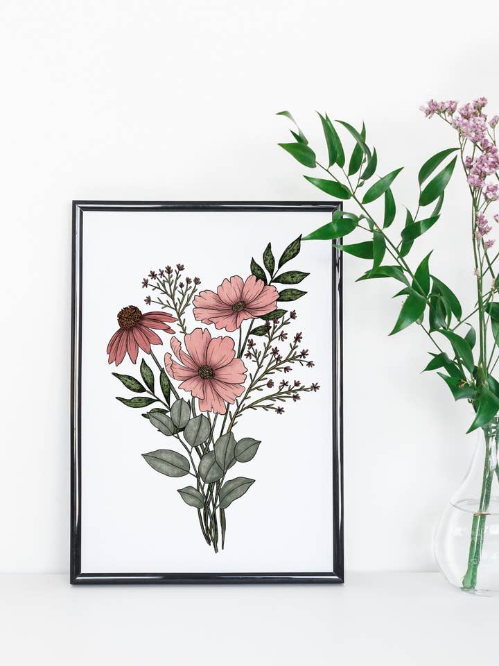 Reproduction artistique Bouquet de fleurs Cosmos pour la vente par Karen B Creations