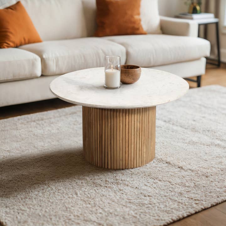 Sagebrook Home - Wholesale Coffee Table - 34 in. Natural/White Round Wood/Marble Reeded Coffee Table
