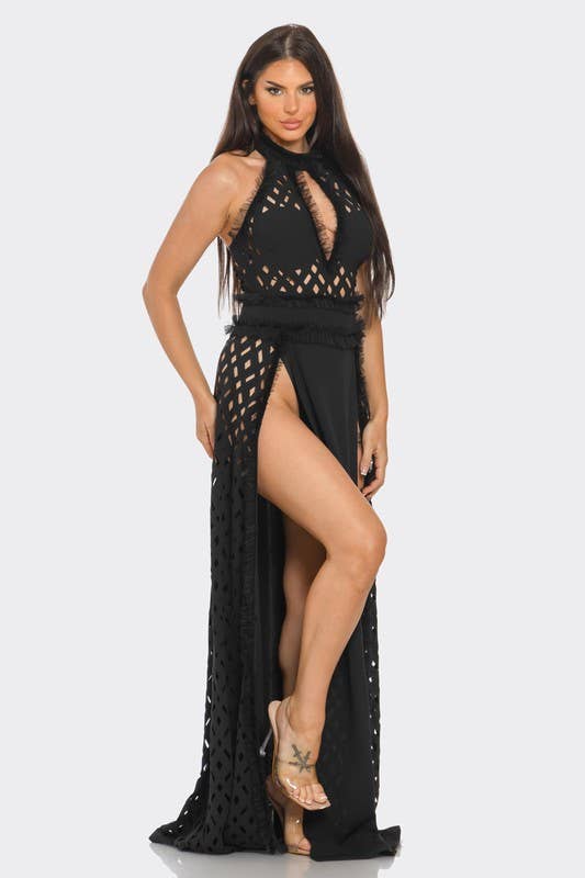 BANJUL - Wholesale Dress - Women's - BD13355P1   Eyelet Halter Neck Maxi Dress3