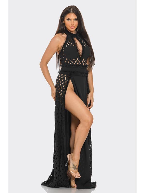 BANJUL - Wholesale Dress - Women's - BD13355P1 Eyelet Halter Neck Maxi Dress3