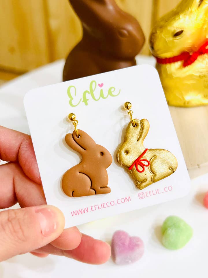 Chocolate Bunny Easter Earrings Red Bow Gold Chocolate Bunni for wholesale by Eflie
